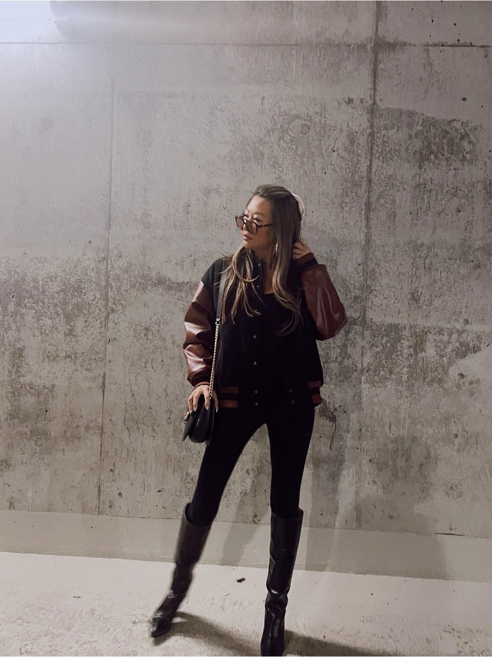 SUPERDOWN Two-Tone Varsity Bomber Jacket — Black & Brown